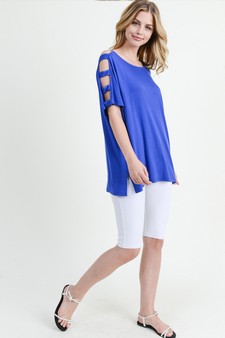 Women's Blue Short Dolman Sleeve Top with Lattice Detail