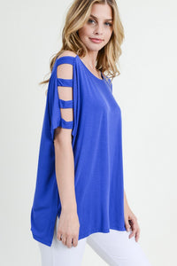 Women's Blue Short Dolman Sleeve Top with Lattice Detail